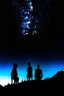 Placeholder: black background on a mountaintop and three silhouettes of a fit man, a silhouette of a fit woman, and silhouette of a Belgian malinois sitting next to the men and the woman looking at the stars