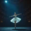 Placeholder: A cinematic, high-quality video of a professional female ballet dancer performing on a grand, ornate theater stage. She is wearing a pristine white classical tutu and pointe shoes. The lighting is dramatic and moody, featuring a single strong spotlight from above that illuminates her against a dark, blue-tinted background of opulent theater balconies. The camera is static, at eye-level, capturing a medium-wide shot. The sequence begins with her in a graceful first position, then transitions into