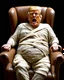 Placeholder: a chubby really old decrepit realistic male mummy, looks similar to donald trump, leaned over in a brown chair, mouth open