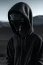 Placeholder: humanlike black alien wearing hoodie and beanie on planet