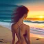 Placeholder: A very scantily clad young woman standing on the beach watching the sunset. The wind is playing with their hair.