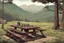 Placeholder: lookout, picnic table, sign, mountain, forest,, comic book,,, cinematic, post-apocalypse