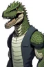 Placeholder: Anime man side character with dark , hybrid with dinosaur,small muscles, aged 30, wearing a dinosaur superhero suit but the head is human