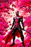 Placeholder: Spider-Man in black and red kimono background the pink Sakura tree