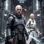 Placeholder: a bold and heroic bald male Corellian pilot in black and metallic grey First Order special forces gear meets a female Jedi Master in ancient, mystical temple, hyperdetailed, dynamic lighting, hyperdetailed background, 8k resolution, volumetric lighting, light skin, fully symmetric details