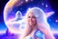 Placeholder: very beautiful cosmic women with white long hair, smiling, with cosmic dress and in the background there is a spaceship with light below and a bautiful sky with stars and light beam