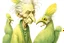 Placeholder: Artist Jean-Baptiste Monge style. A biomorph banana-headed old woman. White eyes. A yellow dotted green furry feathered fluffy dress.