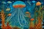 Placeholder: An indigo ocean with jellyfish designed in Oaxacan alebrijes painted by Vincent van Gogh