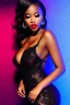 Placeholder: very beautifull black curvy woman, sexy red lace mini dress with make up,dynamic ligth,bright background ,blue backlight