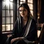 Placeholder: Hyper Realistic Young Beautiful Happy Pashto Woman With Beautiful Eyes & Kajal with beautiful lips wearing black dress & covering herself with white-shawl sitting on rocking-chair inside a dark lounge with sun-rays coming from window on her face with detailed shadow casting showing dramatic & cinematic ambiance