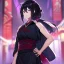 Placeholder: Clear focus, High resolution, Black hair, low small ponytail, purple dead eyes, japanese outfit, serious expression, one arm on hip, other hand free, purple red white and black outfit, skirt, slit in skirt, ahoge, (solo), hair between eyes