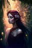 Placeholder: Dark Burgundy dark red gold hair,very long hair, dark gold,gold,rapunzel hair,dark fairy princess,elven crown,dragonflies,fireflies,night,water lilies, orchids,jasmine flowers,glitter,sparkle,flowers,copper,bronze