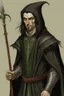 Placeholder: full length, mantle, black with, holding a spear in his hand, without hood