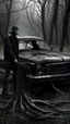 Placeholder: black vein, human veins, mixing together a lot of them, like a forest, big and small veins a lot of them, a crow standing on an old car