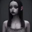 Placeholder: Jenna ortega black dress,soft goth libstick, wednesday addams family make up, brad double wig, dramatic lighting, highly detailed, volumetric lighting, unreal engine, 8k