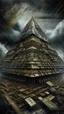 Placeholder: Synthography Art in Bocsh painting style nightmare of The Pyramid shape building with visual details of mechanical and electrical components and chips and components textures with gray clouds stormy weather in the background