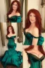 Placeholder: Busty princess with long auburn hair green eyes wearing a big dark teal green and gold satin ballgown corset off shoulder top at night