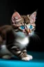 Placeholder: A chocolate brown marbled tabby she-cat kitten, with white paw and cyan eyes, side view.