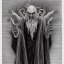 Placeholder: Cthulhu with white skin and a beard made of fleshy tentacles as a Russian Orthodox nosferatu vampire with yellow eyes and vampire fangs