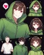 Placeholder: He is 15 years old, feminine in appearance but is a boy, has short dark brown hair, wears a green blouse with a zipper and hood and a white shirt underneath, has red eyes, Determined smile, dark background reminiscent of a nightmare, has a red soul that is shaped like a heart