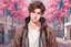 Placeholder: close up headshot portrait of beautiful teenage boy who looks like a girl, brown hair, red eyes, pretty body, pretty legs, perfect face, Wadim Kashin, James Gurney, Ink, splash art, amazing beauty, college courtyard background, has pink accents on clothes, anime style