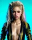 Placeholder: portrait, Shakira, blonde artist, angry, Realistic image, MMA robe, hoodie, mma gloves, fight pose, make-up make-up, gold line make-up, sweat, fog, goddess style, Neon colors, leds. Black background, photo studio, concept art, smooth, unreal engine 5, god lights, ray tracing, RTX, lumen lighting, ultra detail, volumetric lighting, 3d, finely drawn, high definition, 4k.