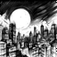 Placeholder: Sketch art, bold outlines, clean and clear outlines, city lights and a sky with a small moon