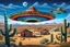 Placeholder: a giant mexican sombrero-shaped ufo in the blue sky above an old authentic mexican village, some mexican villagers look in wonder at the ufo in the sky, in the distance desert and cacti, sparse grass, vibrant colors, psychedelic, very detailed, cinematic