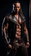 Placeholder: portrait of a 35 year old Handsome muscular male with dark bronze skin adorned with tattoos. His long light brown hair is tied back in a pony tail. He's wearing a leather vest and has a dagger which hangs from his belt. Dark fantasy. Hyperrealistic