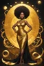 Placeholder: Create a expressionism art image of an astrological sign of Leo shinning. A curvy african female looking at the symbol with a smile on her face. Prominent makeup with hazel eyes. High detailed curly tight black afro. She is wearing a gold maxi dress with no shoes