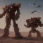 Placeholder: Armored Core machine robot fights another Armored Core fly in the sky in the desert with the ocean where you can see the space in the sky with the twilight on the horizon, 4k resolution