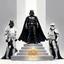 Placeholder: Create a captivating illustration that showcases Darth Vader, adorned in his iconic black cape, standing triumphantly on the highest olympic podium as the undisputed champion wearing a gold medal. Flanking him on two lower podiums are two white-clad Stormtroopers, looking sullen. Set this scene against a white background.