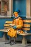 Placeholder: Half parrot half human in a 1700s Orange Dutch uniform siting on a bench in a Dutch city eating a baguette