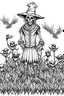 Placeholder: A scarecrow standing in a cornfield, with crows circling overhead. Outline, sketch style, only use outline, mandala style, clean line art, white background, no shadows, no clear wall, coloring page.