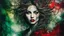 Placeholder: old worn torn, multi-layered cracked canvas, fine detailing with alcohol ink, Captivating realistic painting of a WOMAN, fair face, red lips, splashes of color, HORNS, FANGS, BLOODY TEARS, Multiple exposure, fluffiness, her face is illuminated, her hair merges with swirling fractal vines and tree roots, dark green foliage, symbolizing the unity of strength and wild nature. Flowing hair dissolves into intricate, endless patterns, as if they are protectors and part of the same organic force. Moon