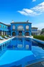 Placeholder: blue mansion with a huge infinity pool and lambergeany