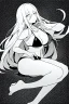 Placeholder: bikini long hair thin girl with leg in abyss pool, greyscale, sexy pose, screen tones