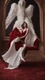 Placeholder: White wings, scissors, red dress on a luxurious velvet floor. Cinematic photo from above