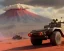 Placeholder: wide angle of Gi joe driving A White lunar armored rover with tracks and claw and orange, troops, volcano in background