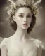 Placeholder: vintage photo of beautiful, stunning ballerina with white feather crown wrapped around head, glittery bodice, close-up profile portrait, sepia, background of flowers, gauzy white curtains, candles, dreamlike, sepia photography, centered, 8k resolution, high-quality, fine-detail, intricate, detailed matte, volumetric lighting, photo-realistic, candles, translucent gown, illustration, 3D octane render, brian froud, howard lyon, selina french, anna dittmann, annie stokes, lisa parker, greg rutowski