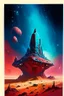 Placeholder: Towering starship fortress in red desert landscape with blue and green mineral rocks nebula starry sky painterly rpg art