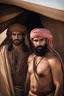 Placeholder: portrait photography of two serious ugly brawn 35-year-old burly beefy bullneck arabs tourist guides wearing traditional clothes, shirtless, big shoulders, hairy chest, manly chest, with very bushy eyebrows, photorealistic, sunlight, ambient occlusion, strong side light , inside a camping tent in the desert