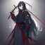 Placeholder: Clear focus, High resolution, long black fluffy hair, blue eyes, wearing a black sailor uniform, red tie, yandere, rough line sketch, dark aura, holding a katana, hair between eyes, 1girl, standing in grey sand, scary