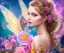 Placeholder: beautiful bright happy fairy portrait with long hair, thin face, two hands, two transparent wings in a pink,blue, yellow flowers background,