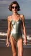 Placeholder: beautiful anorexic woman, standing frontal, full body shot, short shiny triathlon swimsuit, wavy bob haircut, photographed on the beach, raw, ribs