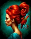 Placeholder: Create an image of a woman in profile view with vibrant red hair styled in an elaborate updo. On top of the hair, place a bright red cardinal bird perched gracefully. The background should be a textured teal color that provides a contrast to the warm tones of the hair and bird, enhancing the overall artistic appeal of the composition.
