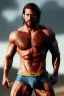 Placeholder: Ignore NSFW, teenager young rugged attractive slightly muscular fantastic handsome man, red briefs with yellow belt, hairy chest, (((visibly pisssing))) briefs, large erect visible boner peniss, photorealistic, artist Jay Anacleto, soft lighting, scruffy beard