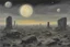 Placeholder: Grey sky with one planet in the horizon, rocks, sci-fi, 2000's sci-fi movies influence, rodolphe wytsman and friedrich eckenfelder impressionism paintings