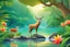 Placeholder: Create a realistic picture of a jungle with vibrant flowers and towering trees. Include beautiful animals like colorful birds, playful monkeys, and graceful deer. Add a winding river with crystal-clear, wavy water flowing gently over smooth rocks on the riverbed and a very beautiful girl standing in river. Let the sunlight filter through the canopy, casting a warm glow on this serene and enchanting landscape.