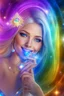 Placeholder: cosmic woman angels smile, admiral from the future, one fine whole face, crystalline skin, expressive blue eyes,rainbow, smiling lips, very nice smile, costume pleiadian, Beautiful tall woman pleiadian Galactic commander, ship, perfect datailed golden galactic suit, high rank, long blond hair, hand whit five perfect detailed finger, amazing big blue eyes, smilling mouth, high drfinition lips, cosmic happiness, bright colors, blue, pink, gold, jewels, realist, high commander,ufo rainbows